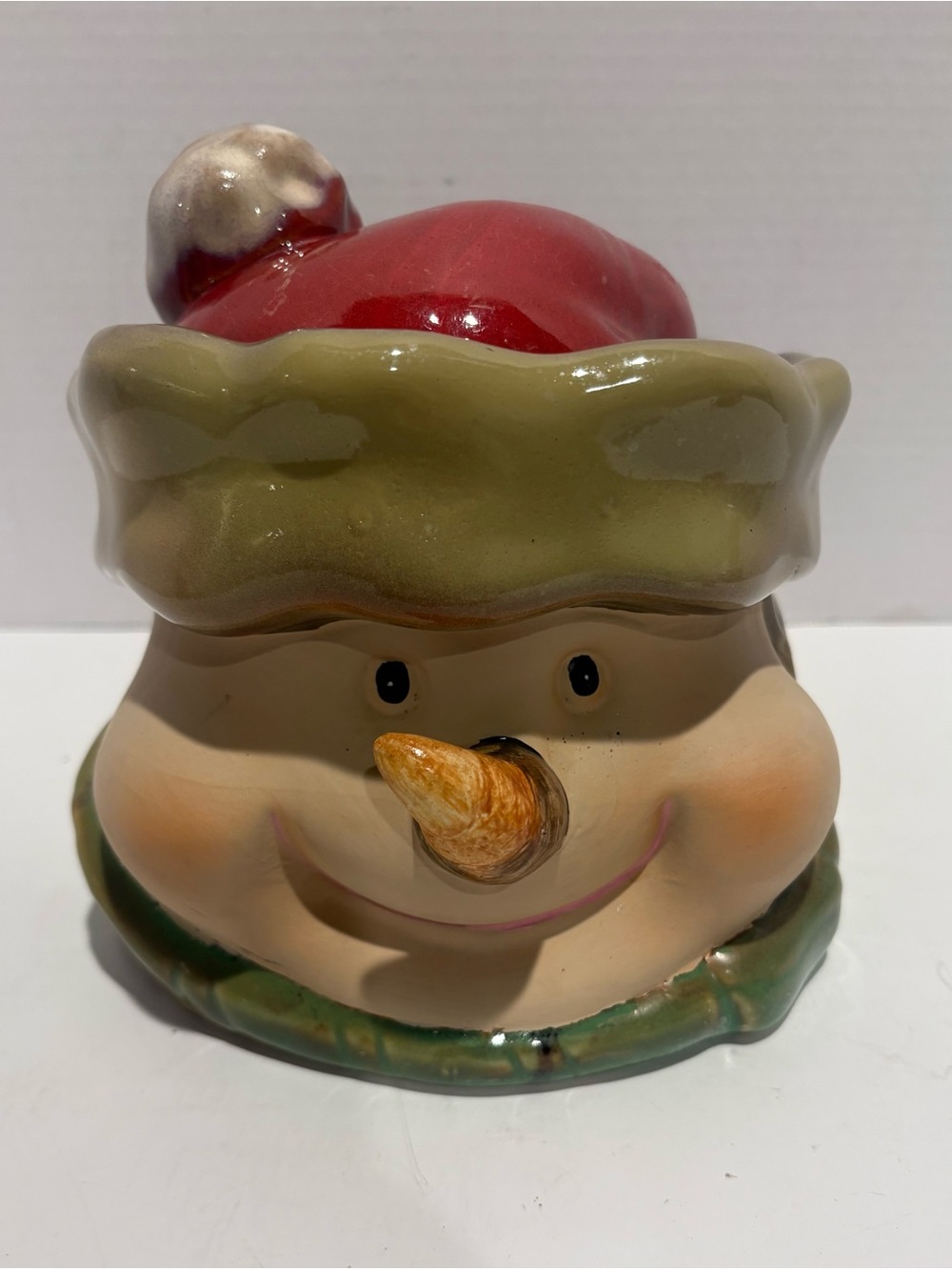 Kirklands Red & Green Ceramic Snowman Head Cookie Jar- Vintage